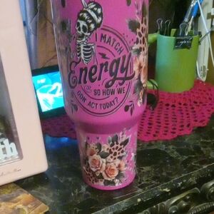 Pink Tumbler with Floral and Skeleton Design 40 Oz Home Made
